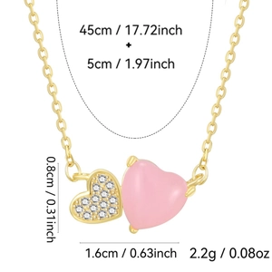 S925 sterling silver double heart pendant necklace with pink stone and 18K gold finish