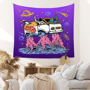 Detail of bohemian tapestry featuring astronaut and alien in a space bus on moon