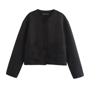 Women Jacket Flower Jacquard Textured Round Neck Long Sleeve Single Breasted Casual Elegant Short Coat With Pockets