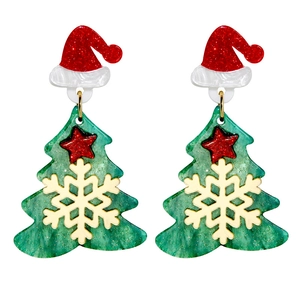Christmas tree earrings with red hat and snowflakes for festive holiday fashion jewelry