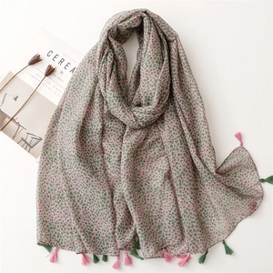 Women Floral Print Long Scarf Polyester Tassel Shawl Lightweight Sun Protection Beach Travel Fresh Style