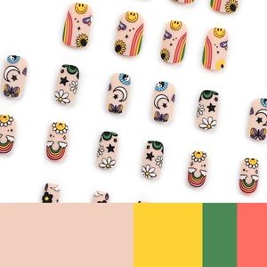 Cute cartoon matte press-on nails with colorful smile faces and daisy patterns on white background