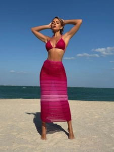 Set da spiaggia 3 pezzi in mesh sfumato con bikini rosa e gonna lunga all'uncinetto