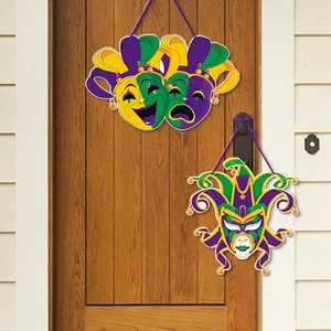 Mardi Gras masquerade mask door hanger decorations in iconic purple green and gold colors