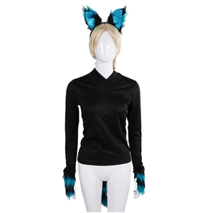 Detail of blue and black faux fur cosplay set including fox ears, paws, and tail