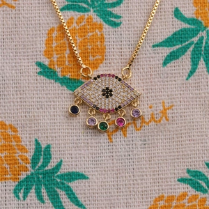 Gold plated evil eye necklace with colorful zircon gemstones and dainty box chain