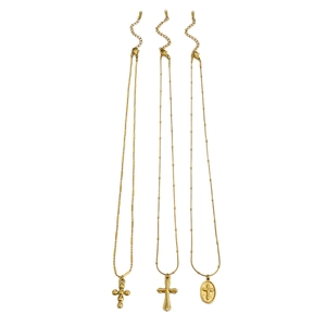 Three-piece gold stainless steel necklace set with vintage cross pendants for women