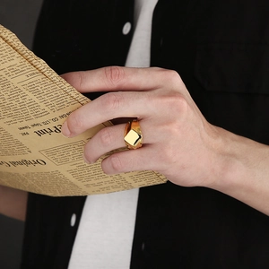 Polished gold square signet ring for men made of high-quality stainless steel
