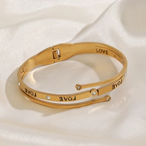 Golden double-wrap stainless steel LOVE bracelet with sparkling rhinestones on silk