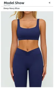 Navy blue yoga set featuring a square neck sports bra and V-cross high waist leggings