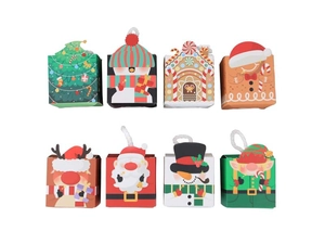 Set of eight 5.5cm Christmas treat boxes with colorful cartoon characters and handles