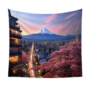Detailed view of bohemian tapestry featuring Mount Fuji and pink cherry blossoms