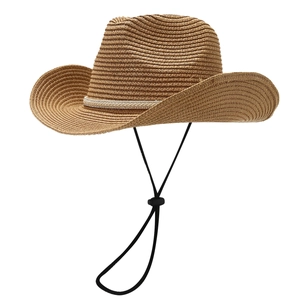 Brown straw western cowboy hat with rhinestone band and adjustable windproof strap