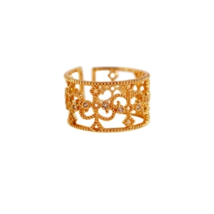 Vintage hollow gold wide ring with filigree swirls and sparkling zircons