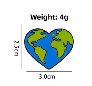 Detailed view of eco-friendly heart earth enamel pin showing 3.0cm x 2.5cm size and 4g weight