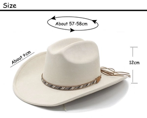 Detailed size specifications for a suede western cowboy hat with a 9cm wide brim