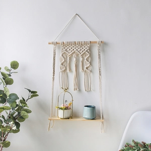 Bohemian handmade woven tapestry wall shelf with cotton rope and wooden floating board