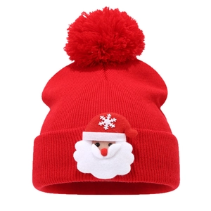 Red Christmas Santa knit hat with a large pompom and cute 3D cartoon character