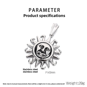 Detail of vintage stainless steel Sun God face pendant with 43mm diameter dimensions