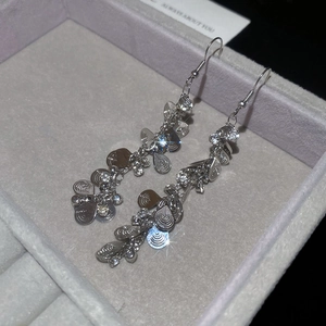 Detailed view of silver crystal teardrop tassel earrings in a gray velvet jewelry box
