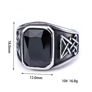 Macro detail of vintage stainless steel men ring with black stone and size dimensions