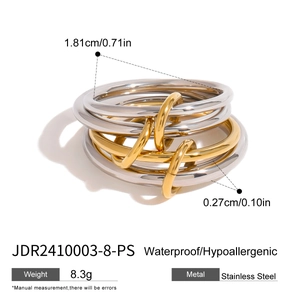 Polished gold and silver multi-layer stainless steel ring with sizing specifications