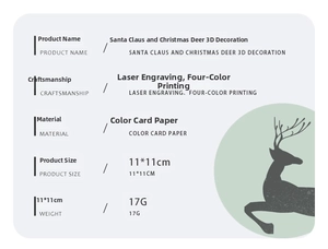 Technical specs of 3D Santa and deer card featuring laser engraving and premium card paper