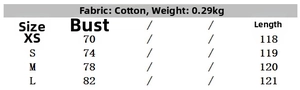 Detailed size chart for cotton trench midi dress with measurements from XS to L