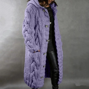Close-up of the chunky lavender cable knit pattern and buttons on the hooded cardigan