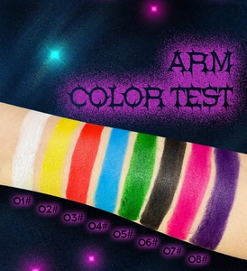 Arm color test of 8 high-pigment face and body paint sticks for creative makeup