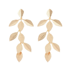 Elegant gold leaf tassel drop earrings with intricate vein textures for women