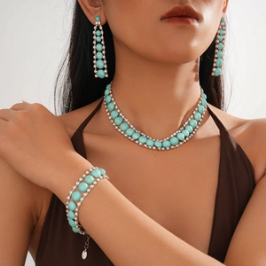 Bohemian Turquoise Resin Rhinestone Jewelry With Necklace Bracelet Earrings Silver Earring Post Vintage Luxury Style For Women