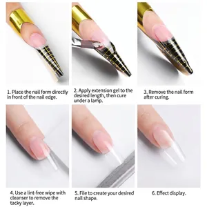Professional 6-step nail extension tutorial using clear UV gel and golden paper forms