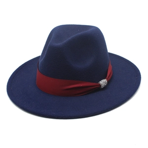 Classic dark blue wool fedora hat with a red ribbon and rhinestone buckle for men and women