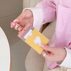 Chic multi-color PU leather card holder with heart window and floral pendant detail