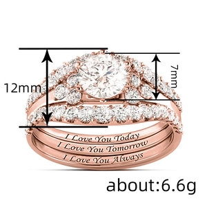 Set de tres anillos de oro rosa con circón blanco y grabado I Love You Today
