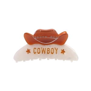 Acetate cowboy hat hair claw clip with rhinestones and orange Cowboy lettering