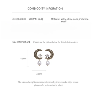 Detailed specs of vintage gold earrings with pearls, moon, star motifs and dimensions