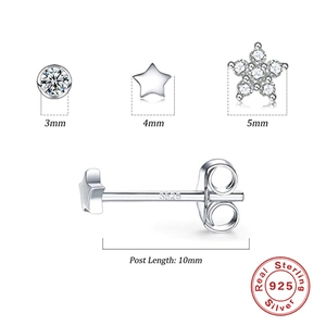 Macro detail of S925 sterling silver star and zircon stud earrings showing size and S925 stamp