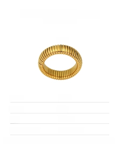 Detailed close-up of 6mm wide gold-plated stainless steel ring with ribbed texture design