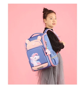 Girl wearing a pink and blue unicorn backpack with high-elastic fabric and side pendant