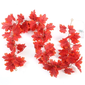 Detail of artificial autumn maple leaf garland with integrated LED copper wire lights
