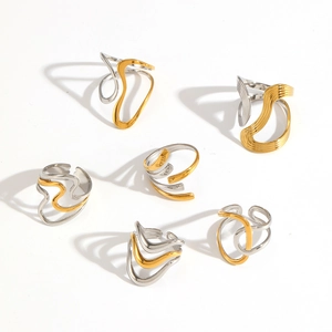 6-piece set of minimalist wavy stainless steel rings in two-tone gold and silver finish