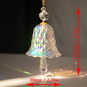 Iridescent crystal bell suncatcher with dimension details of 115mm height and 58mm width
