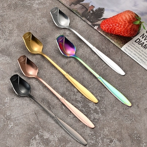 Five rose-shaped stainless steel spoons in gold, silver, rose gold, black, and rainbow