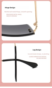 Detail of gold metal hinges and curved black temples on frameless square sunglasses