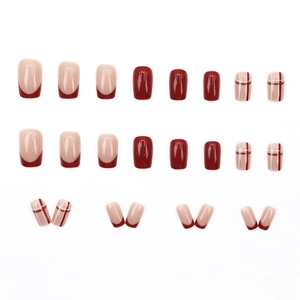 French style wine red checkered square press-on nails 24pcs set for women daily wear