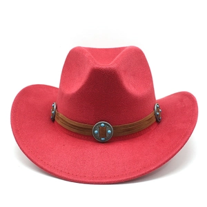Detail of red faux suede western hat with turquoise stones on brown leather band