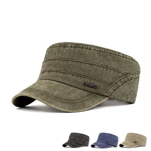 Men's vintage washed cotton flat top military cap with fashion metal tag in army green