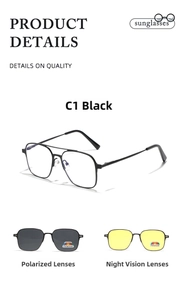 Detailed view of square metal glasses frame with black polarized and yellow night vision clip-ons